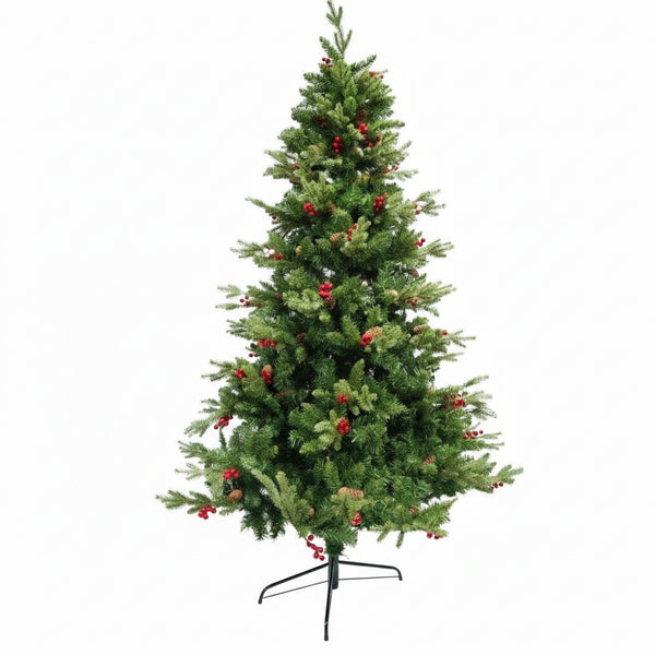 Brad artificial cu vârfuri 2D, decorat cu conuri si merișoare ,210 cm înălțime , 137 cm diametru, 1172 ramuri, suport metalic inclus