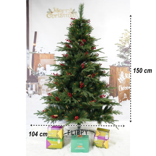 Brad artificial decorat cu conuri de pin 150 cm, 323 ramuri, suport metalic inclus