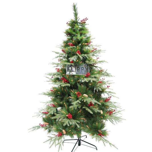 Brad artificial decorat cu conuri de pin si merișoare, înălțime 210 cm, diametru 142 cm, 767 ramuri, suport metalic inclus