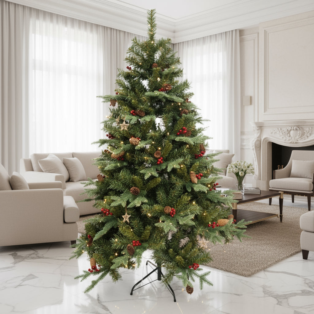 Brad artificial bogat,varfuri 2D, 180 cm ,774 ramuri, decorat cu conuri de pin si merișoare