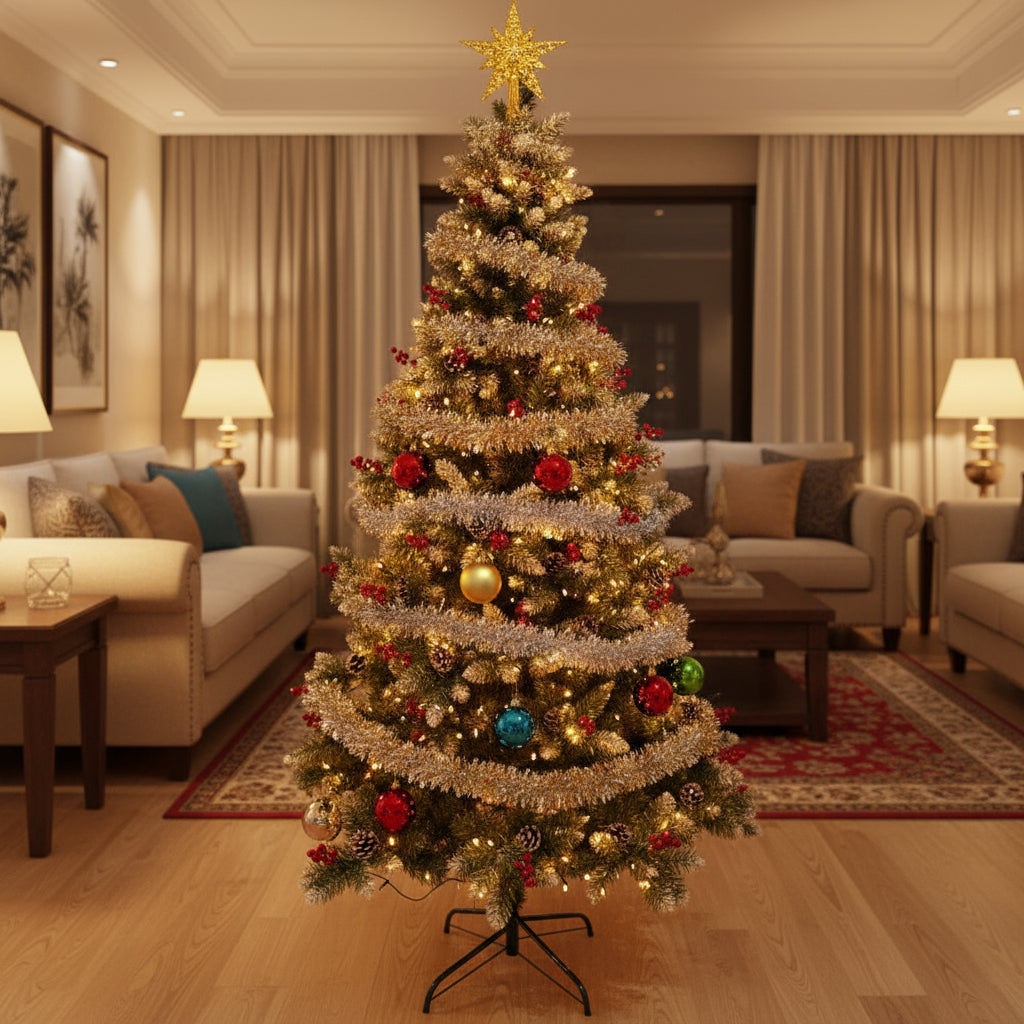 Brad artificial tip nins, vârfuri 2D, decorat cu conuri de pin , înălțime 150cm, 319 ramuri, suport metalic inclus