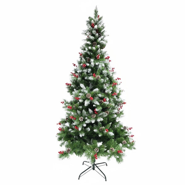 Brad artificial nins cu vârfuri 2D,  decorat cu conuri de pin , înălțime 180cm, diametru 95cm , 319 ramuri, suport metalic inclus