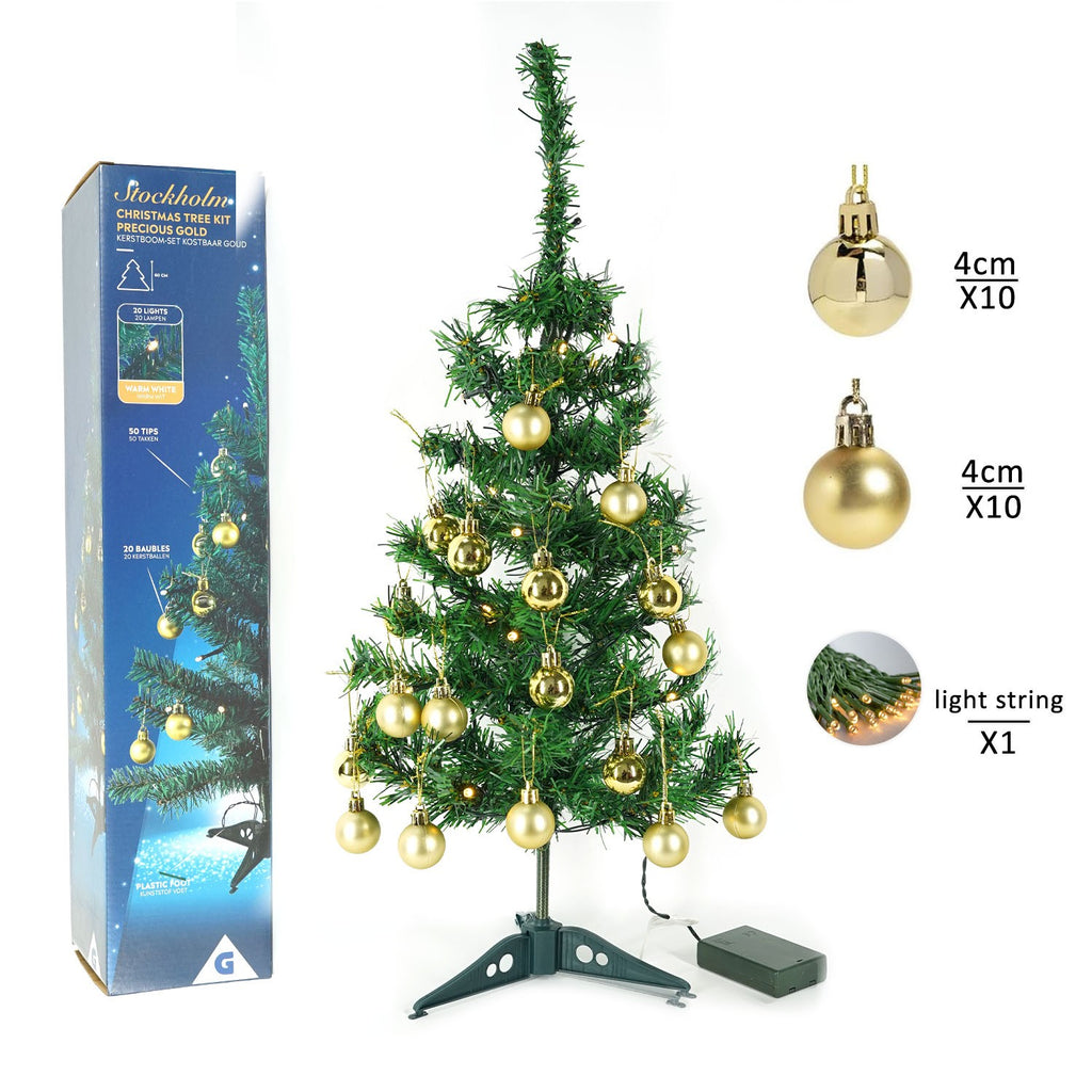 Pachet brad artificial impodobit 60 cm, (brad 60 cm , instalație 20 led +20 globuri aurii)