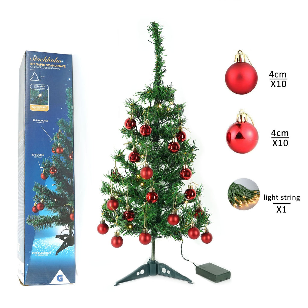 Pachet brad artificial impodobit 60 cm, (brad 60 cm , instalație 20 led +20 globuri roșii)