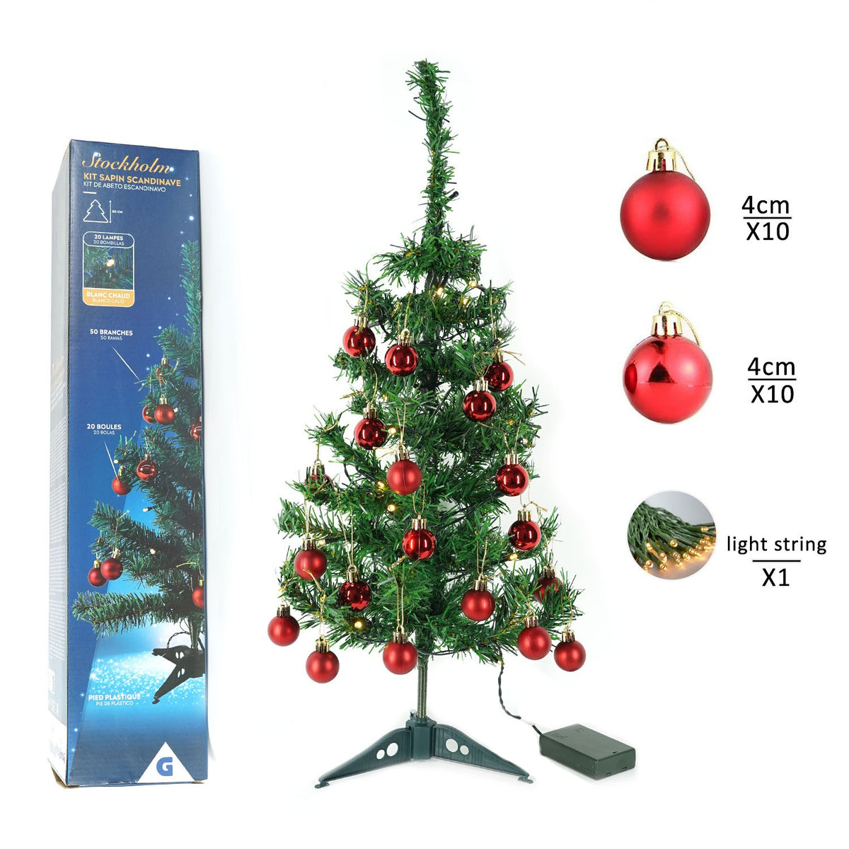 Pachet brad artificial impodobit 60 cm, (brad 60 cm , instalație 20 led +20 globuri roșii)
