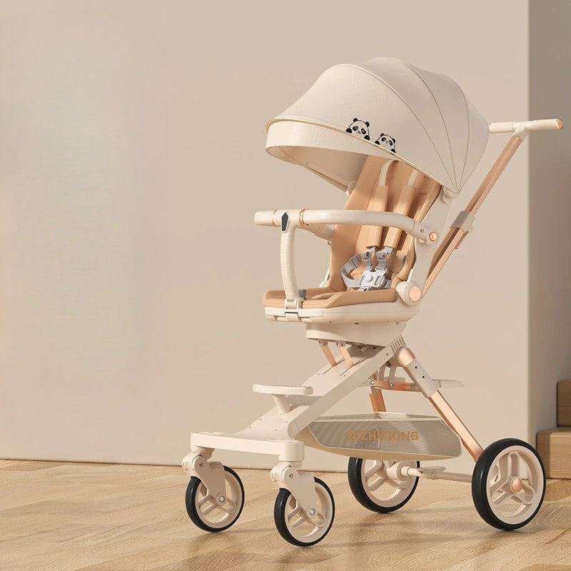 Cărucior sport 3in1, 6-36 luni , reversibil, pliabil, tăviță pentru masa, roti 360 si parasolar-Model Panda -Crem