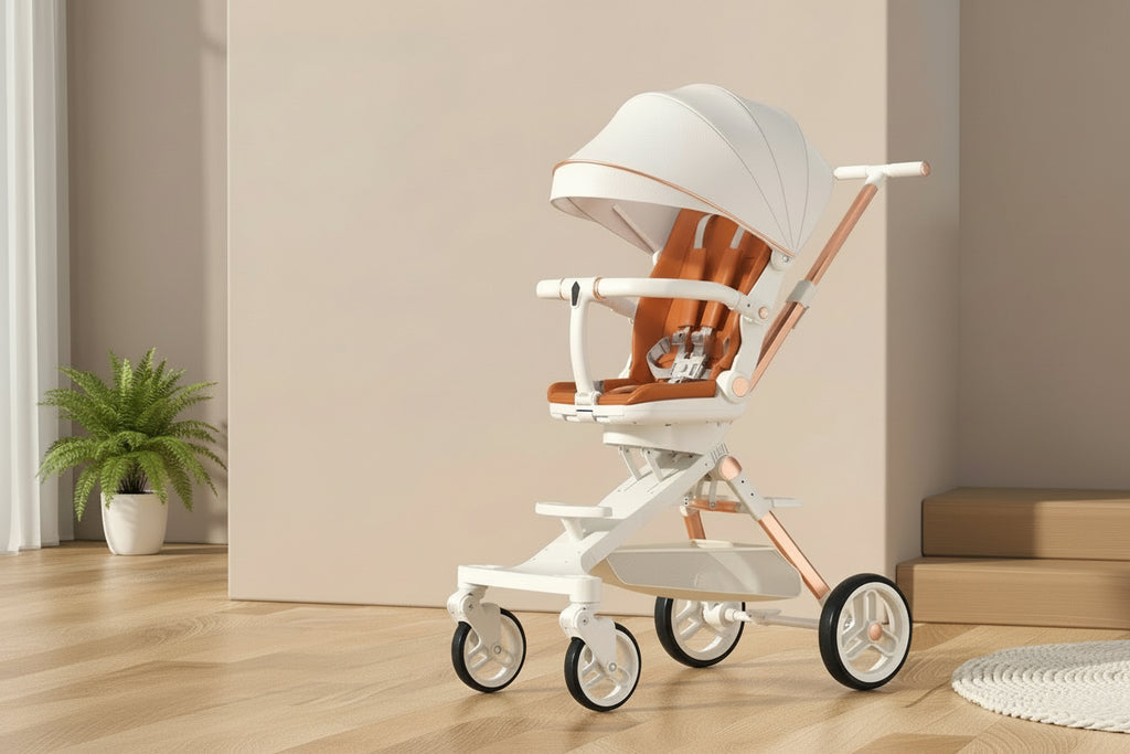 Cărucior sport 3in1, 6-36 luni , reversibil, pliabil, tăviță pentru masa, roti 360 si parasolar-Model Panda -Alb