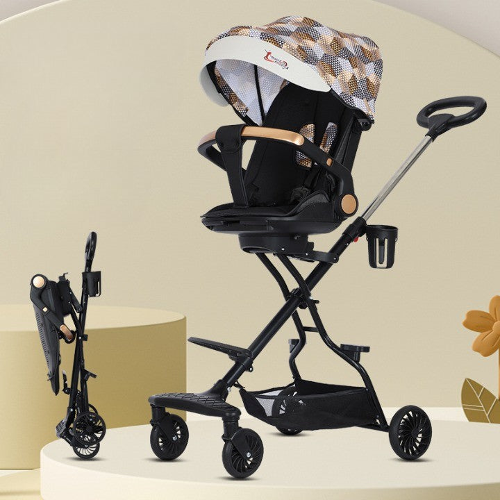 Cărucior sport 3in1, 6-36 luni , reversibil, pliabil, tăviță pentru masa, roti 360 si parasolar - Model Carouri - Maro