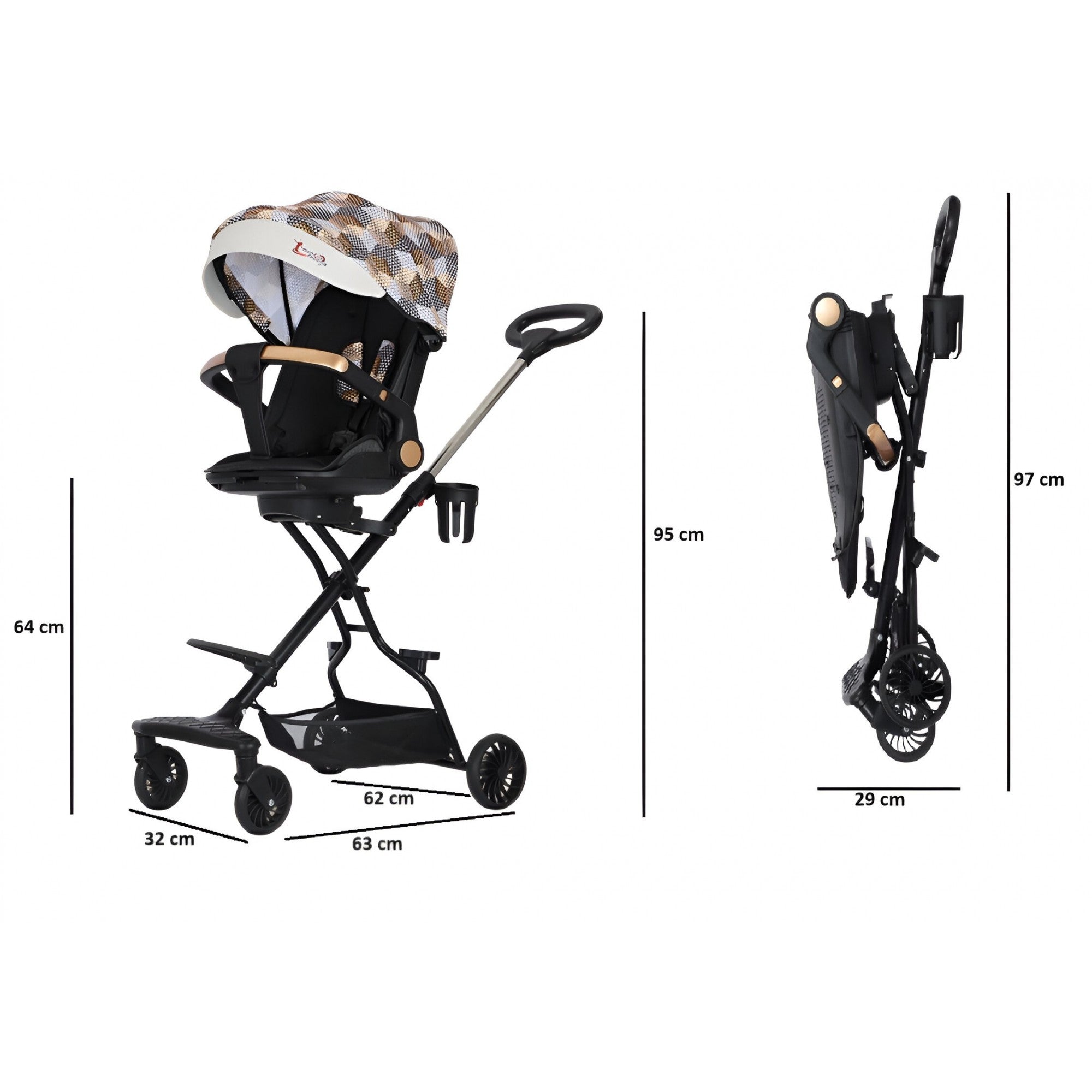 Cărucior sport 3in1, 6-36 luni , reversibil, pliabil, tăviță pentru masa, roti 360 si parasolar - Model Carouri - Maro