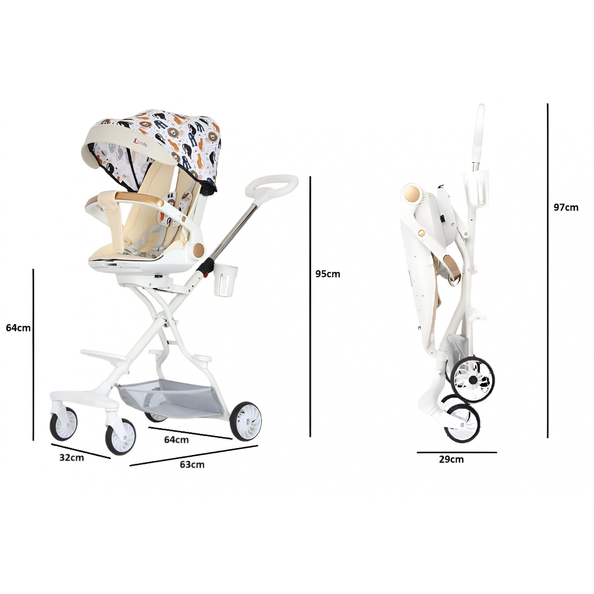 Cărucior sport 3in1, 6-36 luni , reversibil, pliabil, tăviță pentru masa, roti 360 si parasolar-Model Jungle -Crem