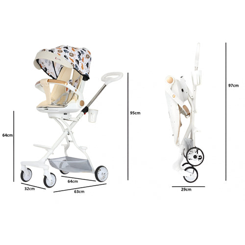Cărucior sport 3in1, 6-36 luni , reversibil, pliabil, tăviță pentru masa, roti 360 si parasolar-Model Jungle -Crem