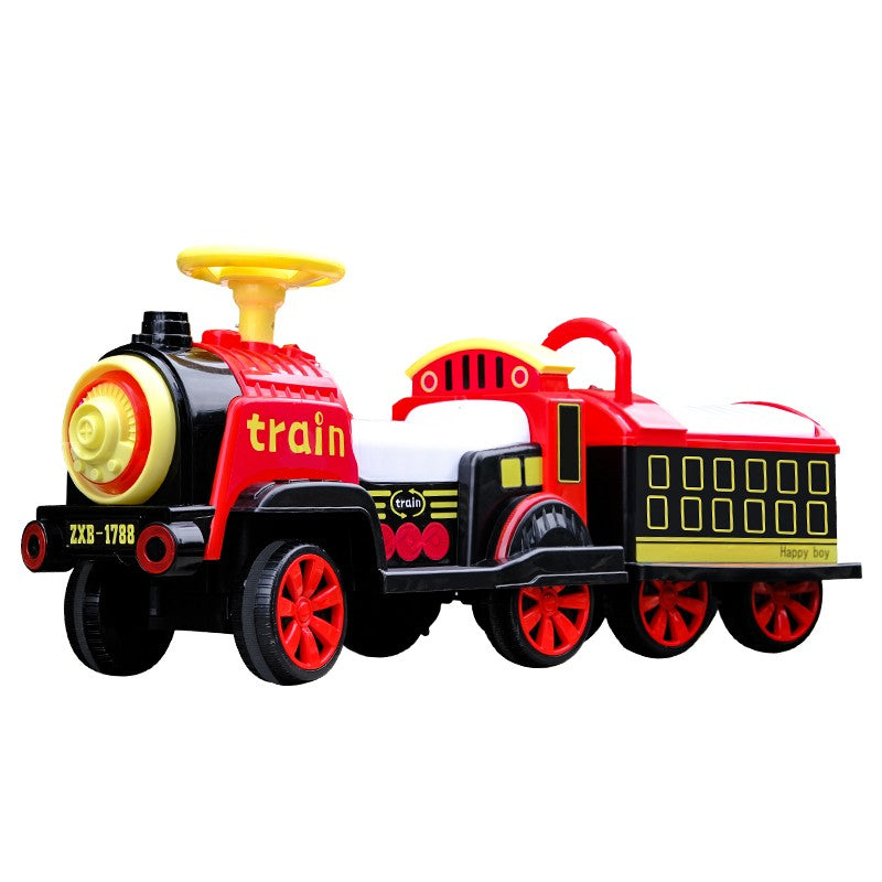 Trenuleț electric cu vagon detașabil pentru 2 copii 1-6 ani ,cu telecomanda, locomotiva cu vapori de abur, lumini si sunet, culoare Roșu