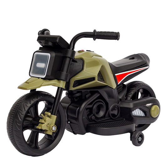 MOTOCICLETA ELECTRICA CU 2 ROTI MARI SI 2 ROTI AJUTATOARE, ACUMULATOR INCARCARE, ANTI-RASTURNARE, LUMINI, MUZICA, MOTOR:380, BATERIE 6V4.5, 41.5X70X34 CM, 4.5 KG, 3 ANI+, VERDE NEGRU