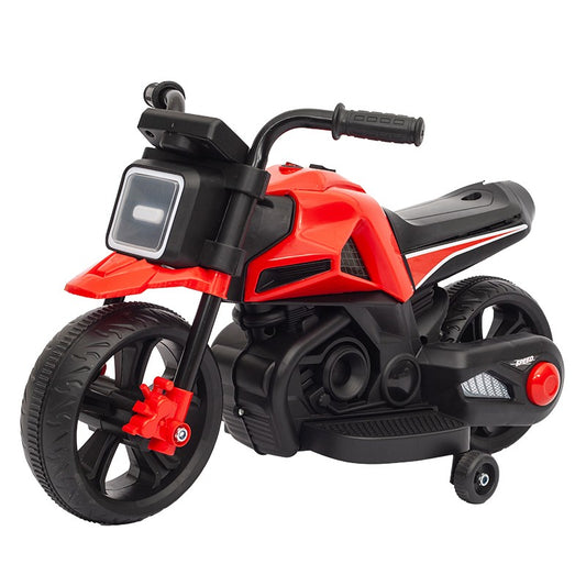 MOTOCICLETA ELECTRICA CU 2 ROTI MARI SI 2 ROTI AJUTATOARE,  ACUMULATOR INCARCARE, ANTI-RASTURNARE, LUMINI, MUZICA, MOTOR:380, BATERIE 6V4.5, 41.5X70X34 CM, 4.5 KG, 3 ANI+, ROSU NEGRU