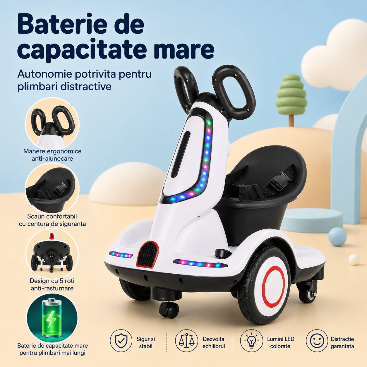 Masinuta Electrica, roti 360, Alb