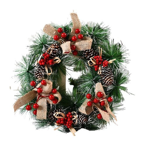 Coroniță pentru Crăciun decorată cu conuri, merișoare si 3 funde, 32cm