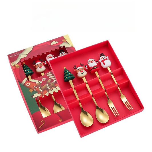 Set 4 Tacâmuri – Tematică Crăciun | 2 Linguri + 2 Furculițe cu Figurine | Oțel Inoxidabil 410 |