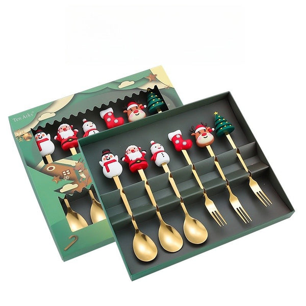 Set 6 Tacâmuri – Tematică Crăciun | 3 Linguri + 3 Furculițe cu Figurine | Oțel Inoxidabil 410 |- Auriu