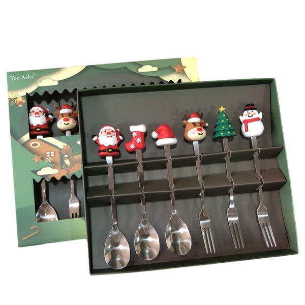 Set 6 Tacâmuri – Tematică Crăciun | 3 Linguri + 3 Furculițe cu Figurine | Oțel Inoxidabil 410 |- Argintiu