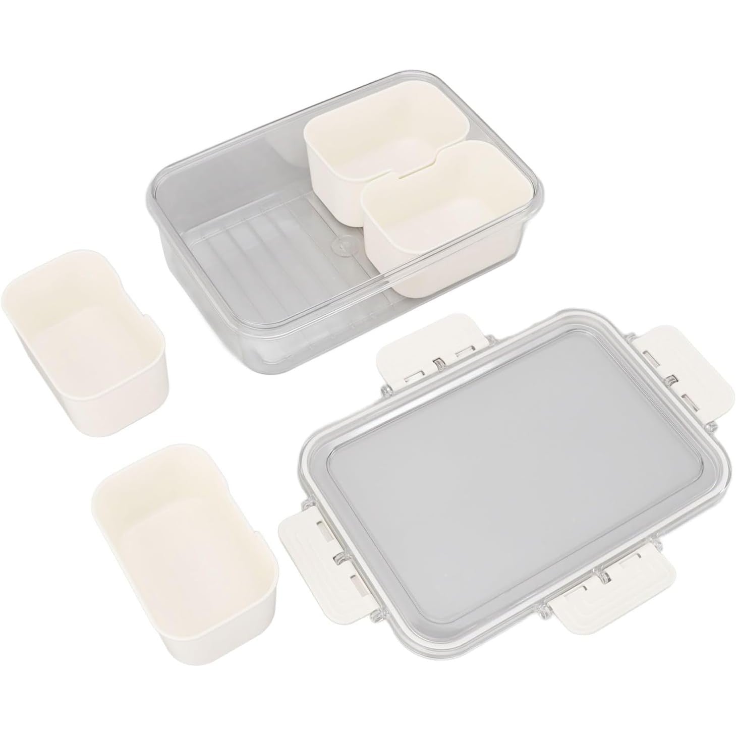 Cutie Alimentară Multifuncțională, pentru Condimente și Gustări, Închidere Etanșă, cu Capac și Mâner, 4 Compartimente, 25 x 8 x 18 cm, Alb