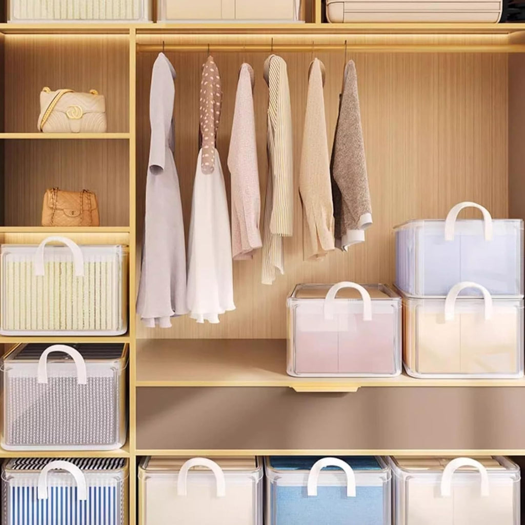 Cutie container de depozitare din PVC, de stocare, Dimensiuni multiple, Accesoriu robust pentru organizarea de uz casnic, volum 26L, 47 x 28 x 20 cm, Transparenta