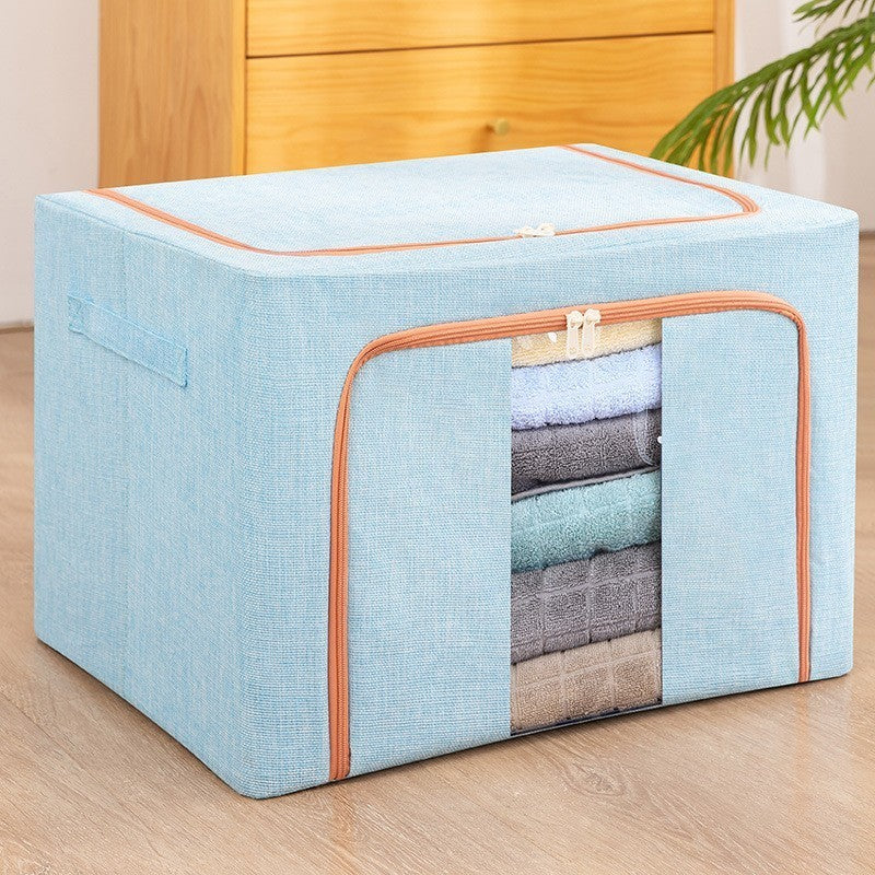 Cutie de Depozitare Pliabila, 100 L, din Bumbac si In, 60x42x40 cm, 2 Ferestre, Frontala si Laterala, 2 Usi de Acces cu Fermoar Bidirectional, Cadru Metalic, Suport Baza Stabil din Plastic, Bleu