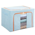Cutie de Depozitare Pliabila, 100 L, din Bumbac si In, 60x42x40 cm, 2 Ferestre, Frontala si Laterala, 2 Usi de Acces cu Fermoar Bidirectional, Cadru Metalic, Suport Baza Stabil din Plastic, Bleu