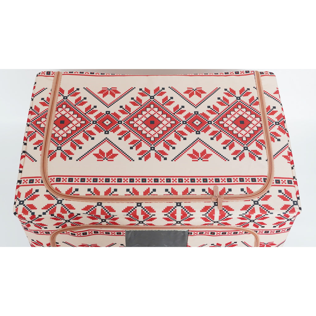 Cutie depozitare pliabila 100L din bumbac si in, 60x42x40cm , cu fereastra frontală , 2 uși de acces cu fermoar bidirectional si cadru metalic Model 2