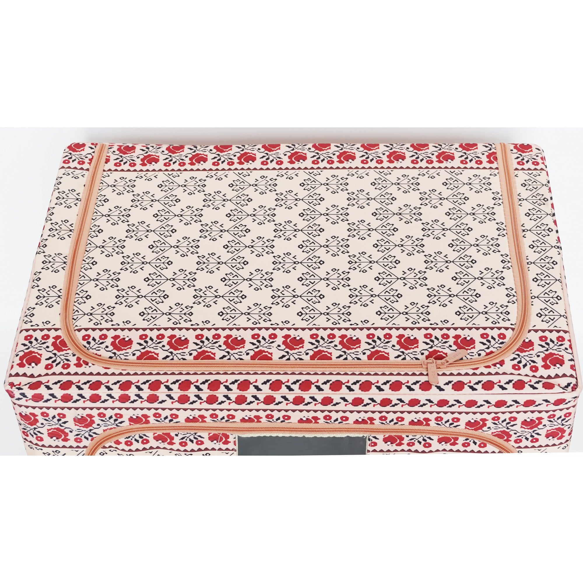Cutie de Depozitare Pliabila, 100 L din Bumbac si In, 60X42X40 cm, Fereastra Frontala, 2 Usi de Acces cu Fermoar Bidirectional, Cadru Metalic, Suport Baza Stabil din Plastic, Motiv Traditonal Model 3