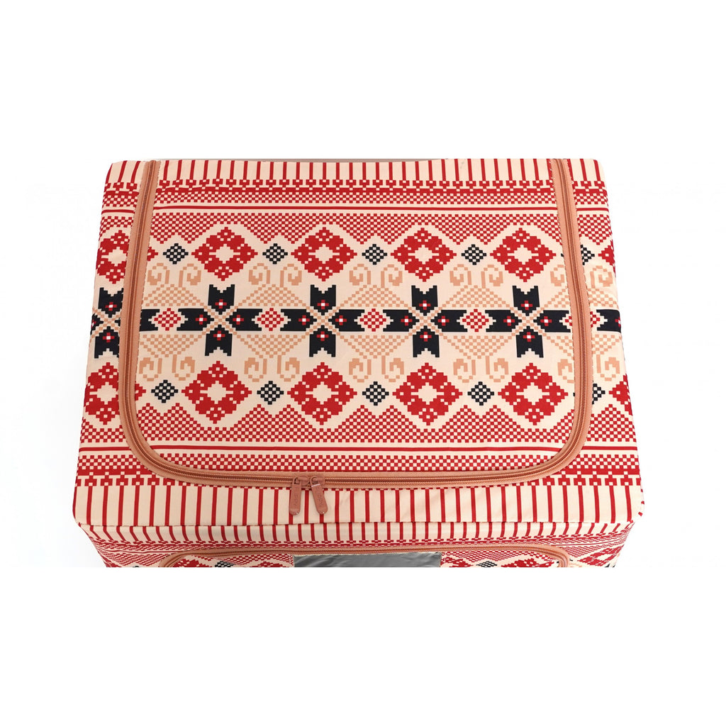 Cutie depozitare pliabila 100L din bumbac si in, 60x42x40cm , cu fereastra frontală , 2 uși de acces cu fermoar bidirectional si cadru metalic