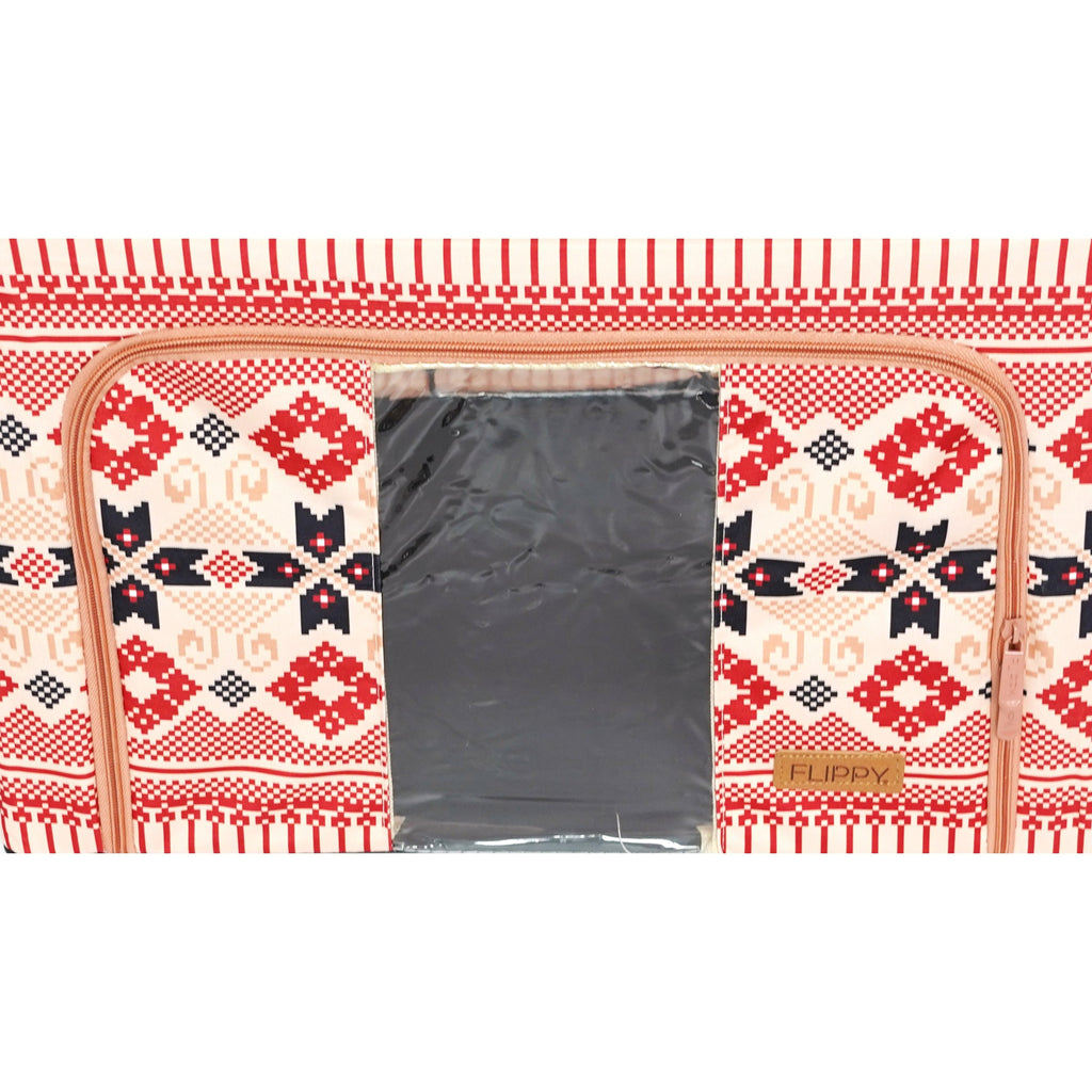 Cutie depozitare pliabila 100L din bumbac si in, 60x42x40cm , cu fereastra frontală , 2 uși de acces cu fermoar bidirectional si cadru metalic