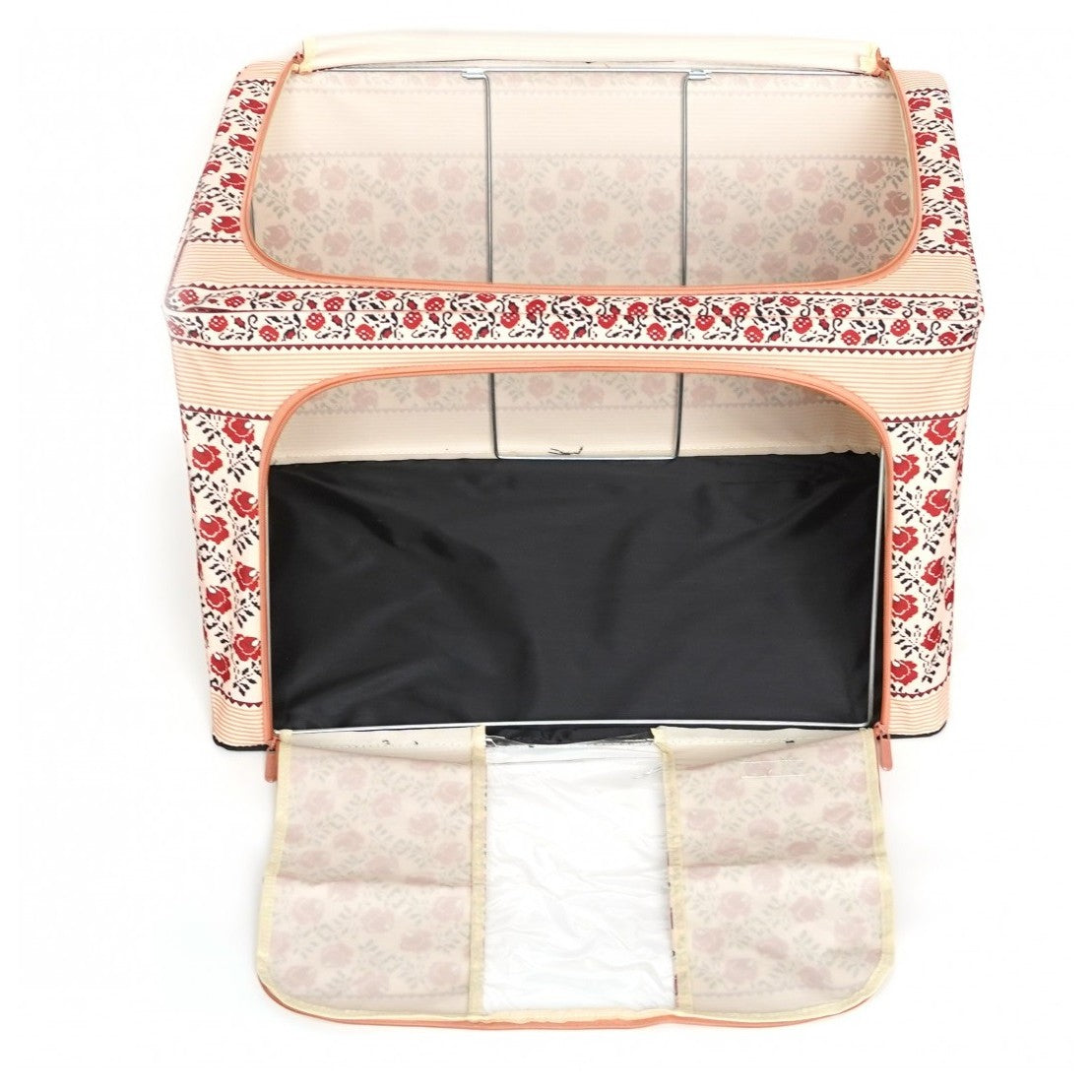 Cutie de Depozitare Pliabila, 100 L din Bumbac si In, 60X42X40 cm, Fereastra Frontala, 2 Usi de Acces cu Fermoar Bidirectional, Cadru Metalic, Suport Baza Stabil din Plastic, Motiv Traditonal Model 4