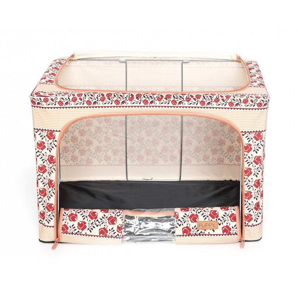 Cutie de Depozitare Pliabila, 100 L din Bumbac si In, 60X42X40 cm, Fereastra Frontala, 2 Usi de Acces cu Fermoar Bidirectional, Cadru Metalic, Suport Baza Stabil din Plastic, Motiv Traditonal Model 4