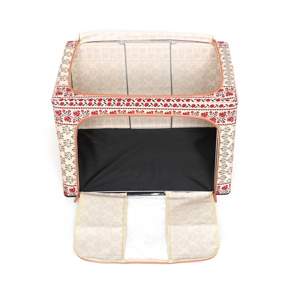 Cutie de Depozitare Pliabila, 100 L din Bumbac si In, 60X42X40 cm, Fereastra Frontala, 2 Usi de Acces cu Fermoar Bidirectional, Cadru Metalic, Suport Baza Stabil din Plastic, Motiv Traditonal Model 3