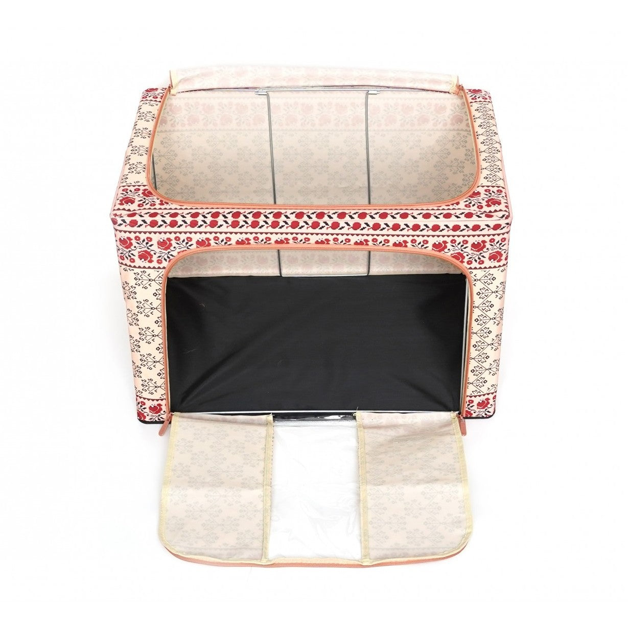 Cutie de Depozitare Pliabila, 100 L din Bumbac si In, 60X42X40 cm, Fereastra Frontala, 2 Usi de Acces cu Fermoar Bidirectional, Cadru Metalic, Suport Baza Stabil din Plastic, Motiv Traditonal Model 3