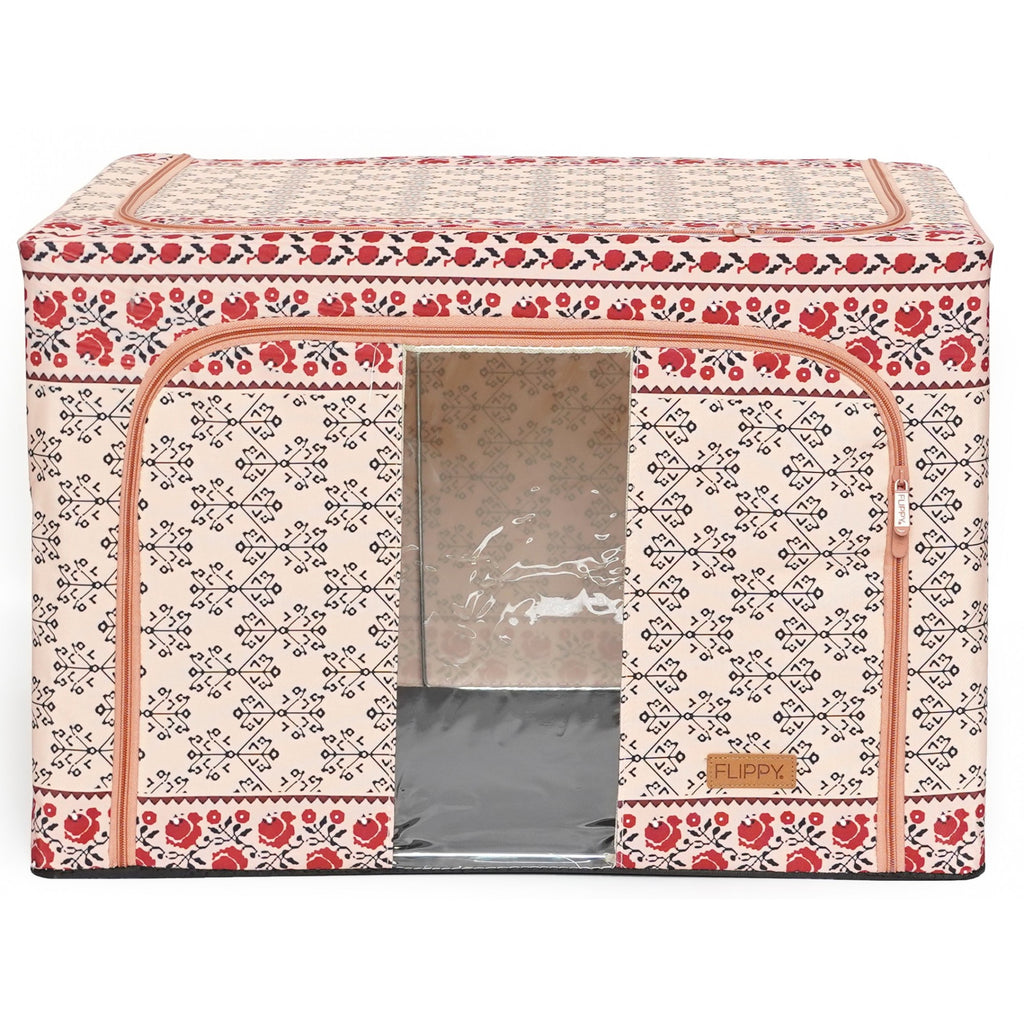 Cutie de Depozitare Pliabila, 100 L din Bumbac si In, 60X42X40 cm, Fereastra Frontala, 2 Usi de Acces cu Fermoar Bidirectional, Cadru Metalic, Suport Baza Stabil din Plastic, Motiv Traditonal Model 3