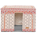 Cutie de Depozitare Pliabila, 100 L din Bumbac si In, 60X42X40 cm, Fereastra Frontala, 2 Usi de Acces cu Fermoar Bidirectional, Cadru Metalic, Suport Baza Stabil din Plastic, Motiv Traditonal Model 3