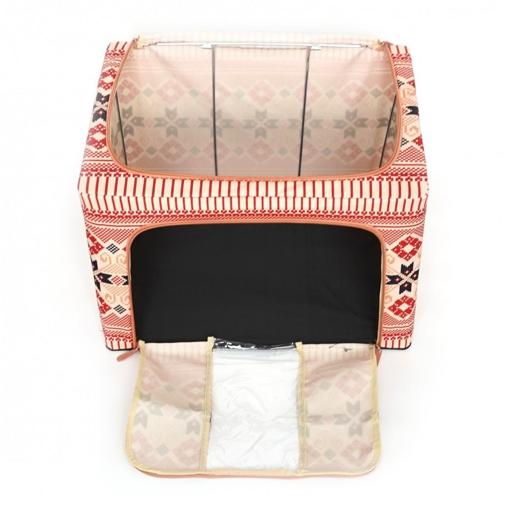 Cutie de Depozitare Pliabila, 66 L din Bumbac si In, 52 x 42 x 39 cm, Fereastra Frontala, 2 Usi de Acces cu Fermoar Bidirectional, Cadru Metalic, Suport Baza Stabil din Plastic, Motiv Traditional Model 5