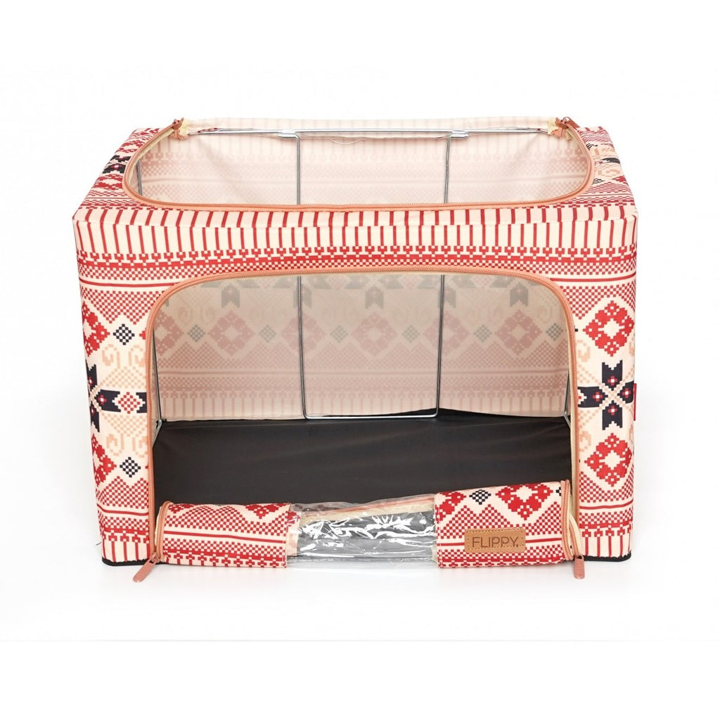Cutie de Depozitare Pliabila, 66 L din Bumbac si In, 52 x 42 x 39 cm, Fereastra Frontala, 2 Usi de Acces cu Fermoar Bidirectional, Cadru Metalic, Suport Baza Stabil din Plastic, Motiv Traditional Model 5