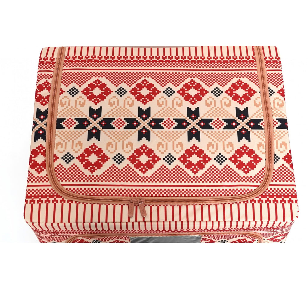 Cutie de Depozitare Pliabila, 66 L din Bumbac si In, 52 x 42 x 39 cm, Fereastra Frontala, 2 Usi de Acces cu Fermoar Bidirectional, Cadru Metalic, Suport Baza Stabil din Plastic, Motiv Traditional Model 5