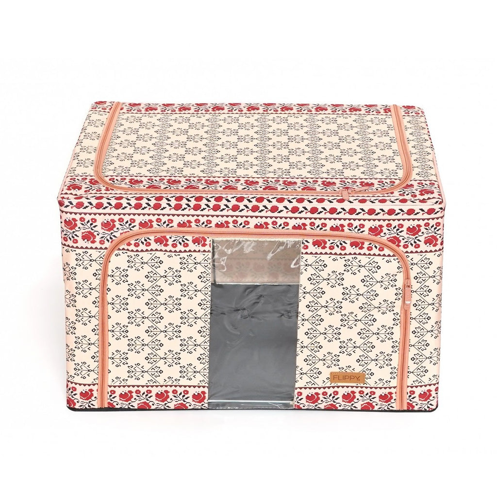 Cutie de Depozitare Pliabila, 66 L din Bumbac si In, 52 x 42 x 39 cm, Fereastra Frontala, 2 Usi de Acces cu Fermoar Bidirectional, Cadru Metalic, Suport Baza Stabil din Plastic, Motiv Traditional Model 6