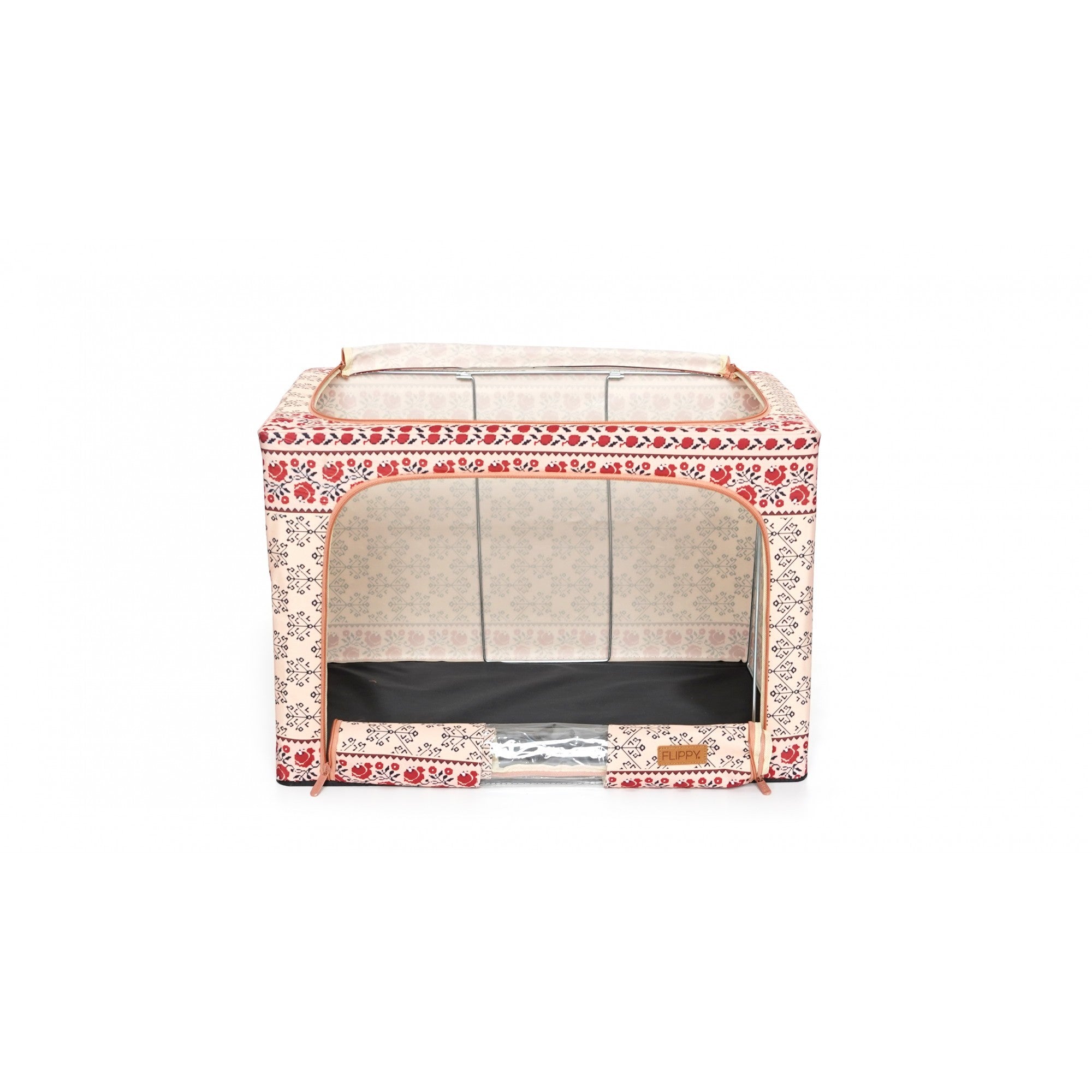 Cutie de Depozitare Pliabila, 66 L din Bumbac si In, 52 x 42 x 39 cm, Fereastra Frontala, 2 Usi de Acces cu Fermoar Bidirectional, Cadru Metalic, Suport Baza Stabil din Plastic, Motiv Traditional Model 6