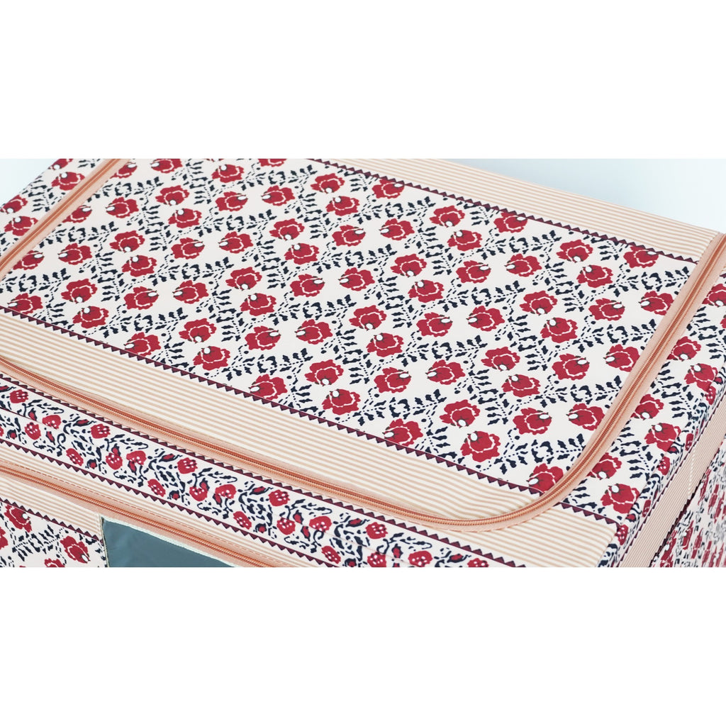 Cutie de Depozitare Pliabila, 66 L din Bumbac si In, 52 x 42 x 39 cm, Fereastra Frontala, 2 Usi de Acces cu Fermoar Bidirectional, Cadru Metalic, Suport Baza Stabil din Plastic, Motiv Traditional Model 7