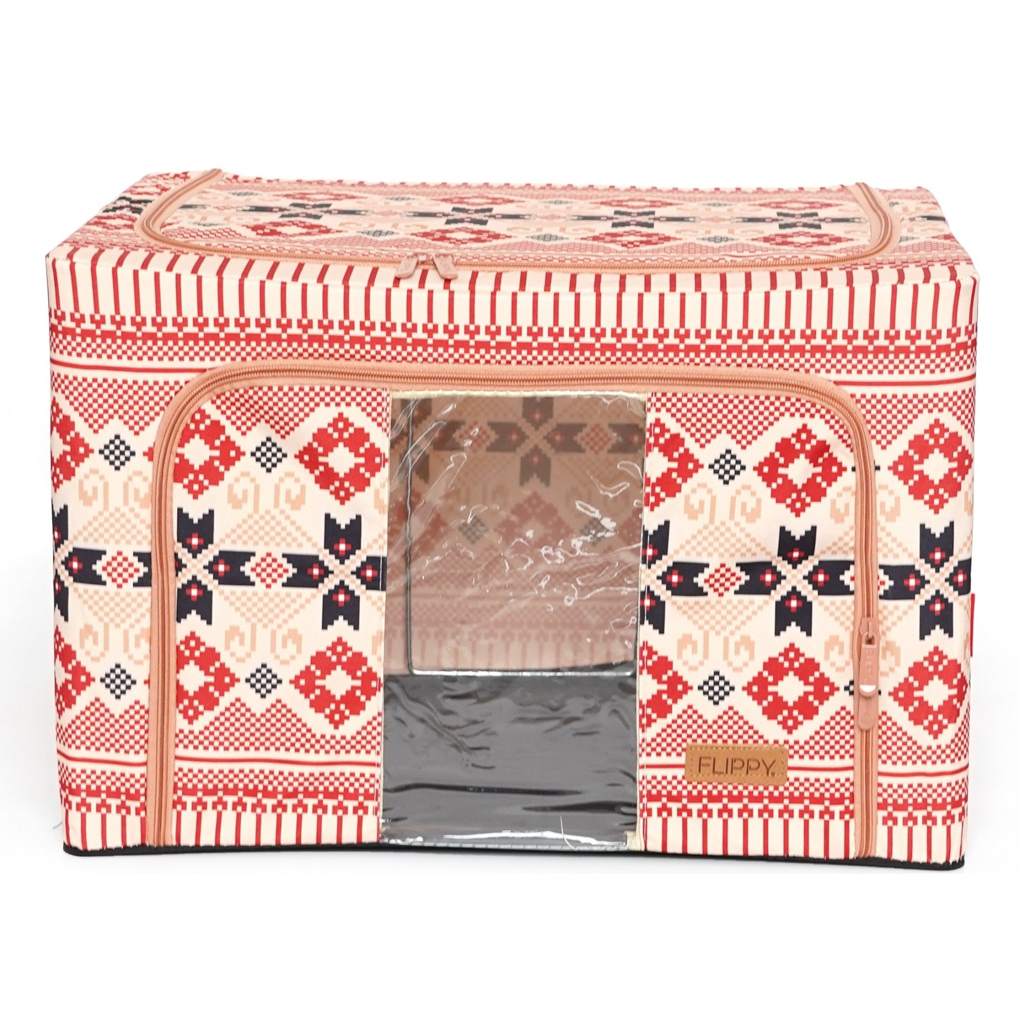 Cutie de Depozitare Pliabila, 66 L din Bumbac si In, 52 x 42 x 39 cm, Fereastra Frontala, 2 Usi de Acces cu Fermoar Bidirectional, Cadru Metalic, Suport Baza Stabil din Plastic, Motiv Traditional Model 5