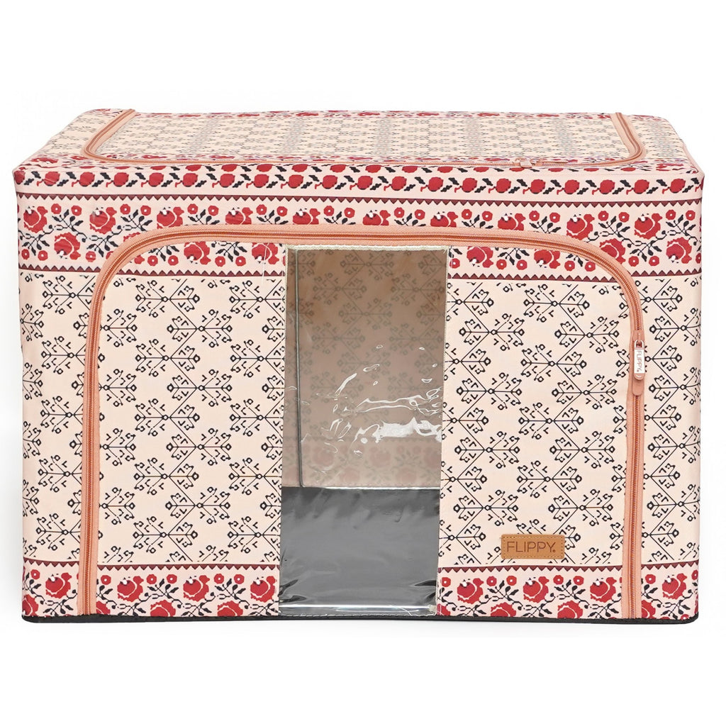 Cutie de Depozitare Pliabila, 66 L din Bumbac si In, 52 x 42 x 39 cm, Fereastra Frontala, 2 Usi de Acces cu Fermoar Bidirectional, Cadru Metalic, Suport Baza Stabil din Plastic, Motiv Traditional Model 6