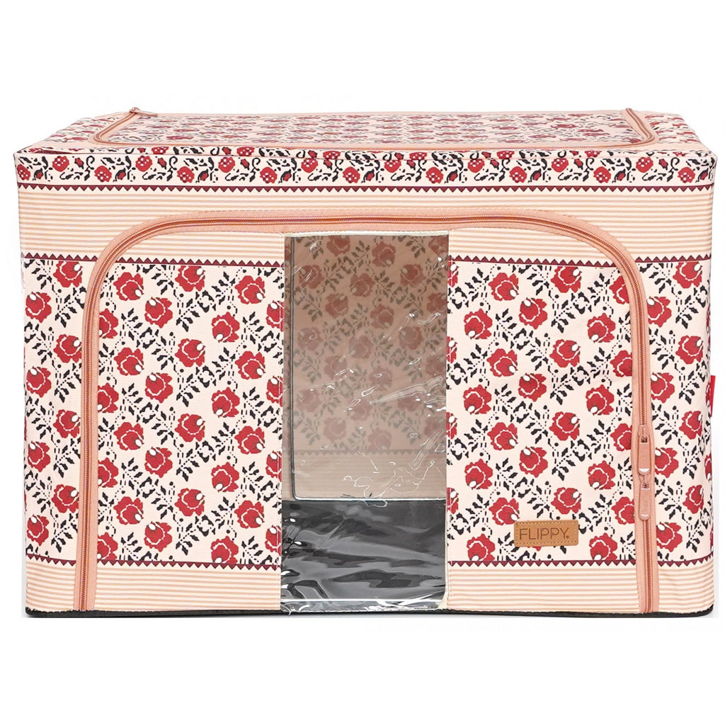 Cutie de Depozitare Pliabila, 66 L din Bumbac si In, 52 x 42 x 39 cm, Fereastra Frontala, 2 Usi de Acces cu Fermoar Bidirectional, Cadru Metalic, Suport Baza Stabil din Plastic, Motiv Traditional Model 7