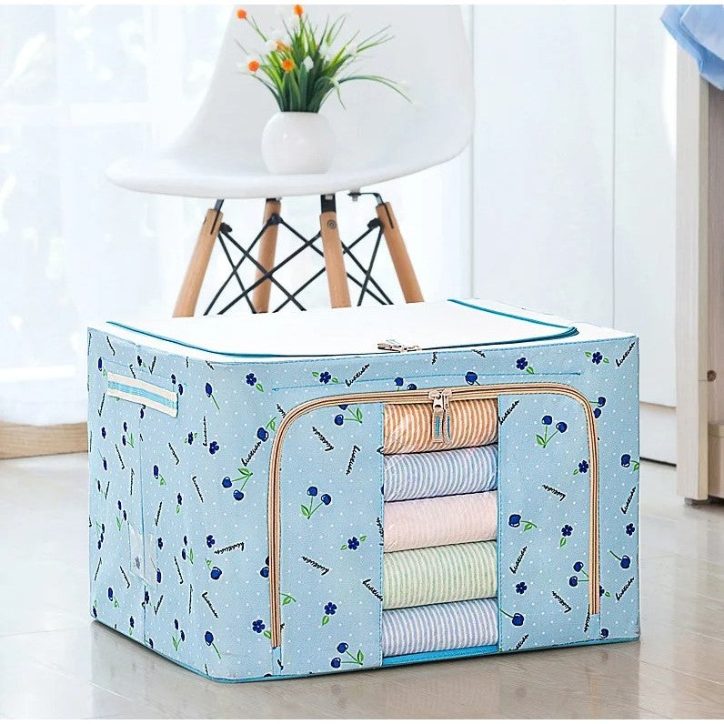 Cutie de depozitare pliabila cu fermoar 100L material textil 60x42x40cm Imprimeu Cireșe Albastru