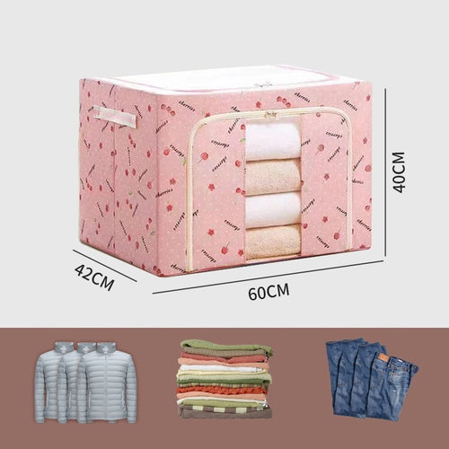Cutie de depozitare pliabila cu fermoar 100L material textil 60x42x40cm Imprimeu Cireșe Roz