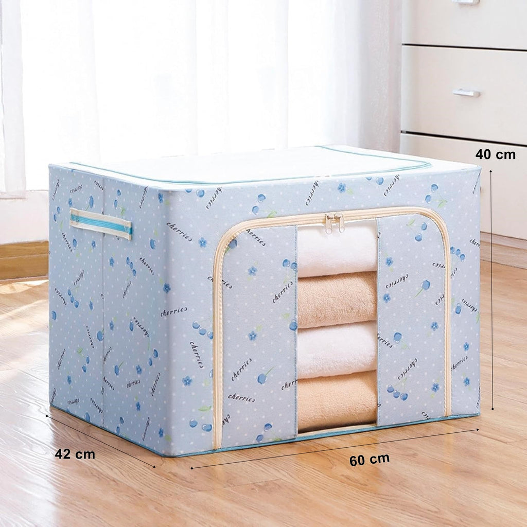 Cutie de depozitare pliabila cu fermoar 100L material textil 60x42x40cm Imprimeu Cireșe Albastru