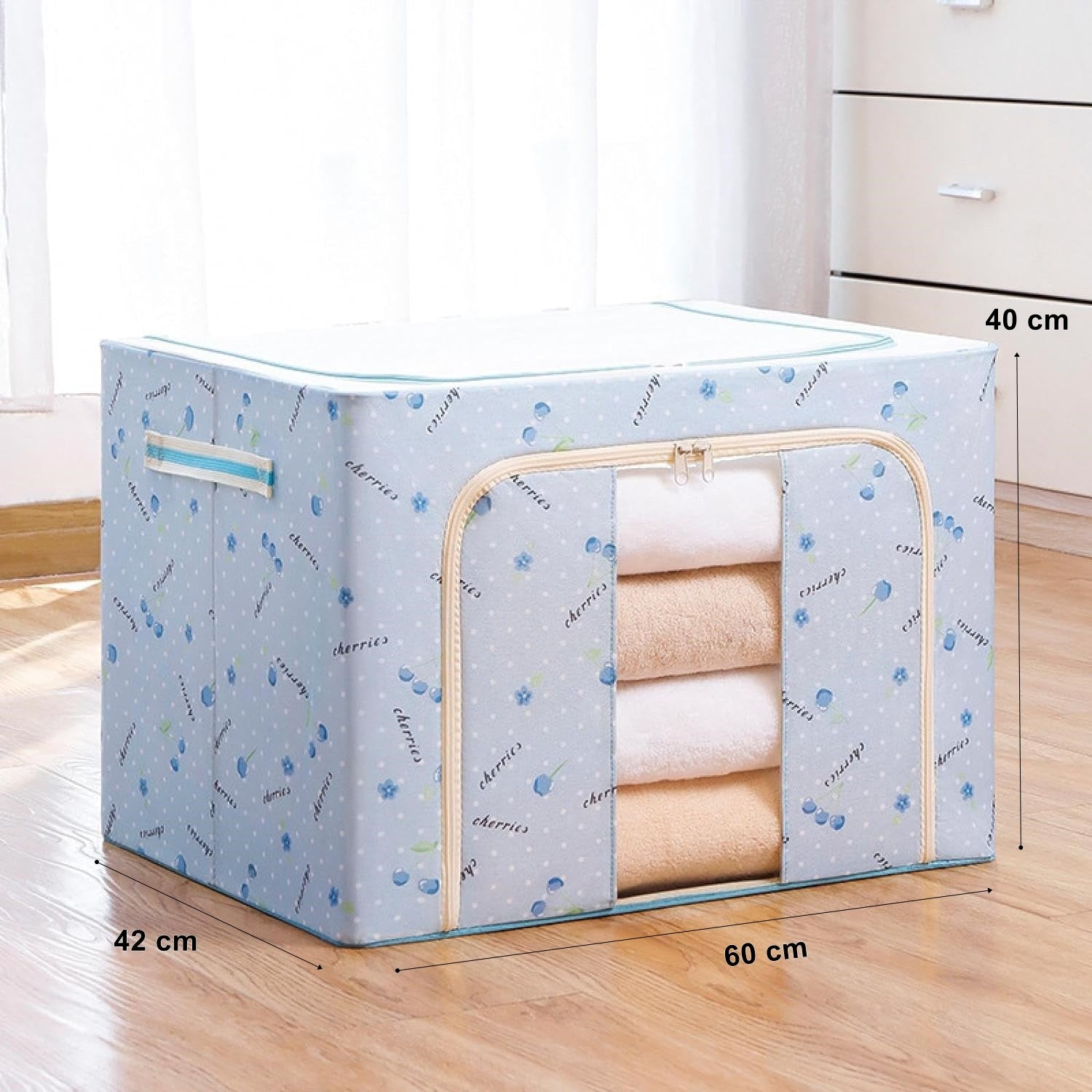 Cutie de depozitare pliabila cu fermoar 100L material textil 60x42x40cm Imprimeu Cireșe Albastru